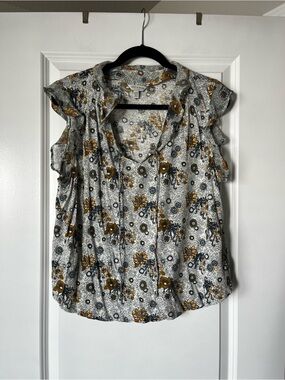 Lucky Brand White Floral Ruffle Sleeve Blouse with Mustard Accents